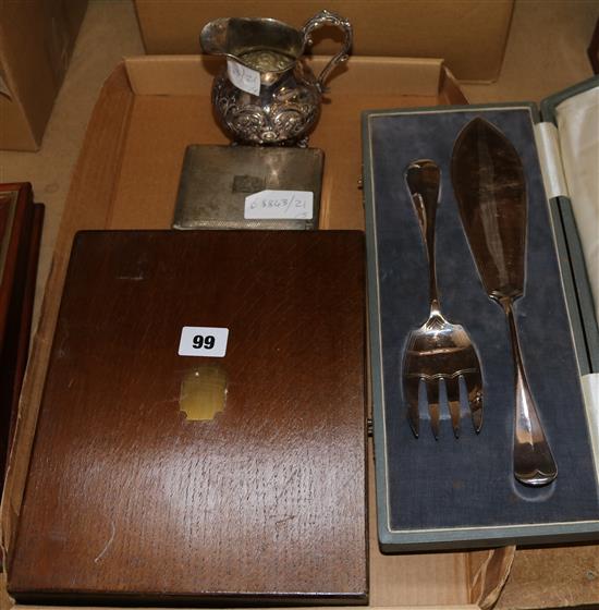Silver cigarette box and sundry plated wares including a canteen of plated flatware